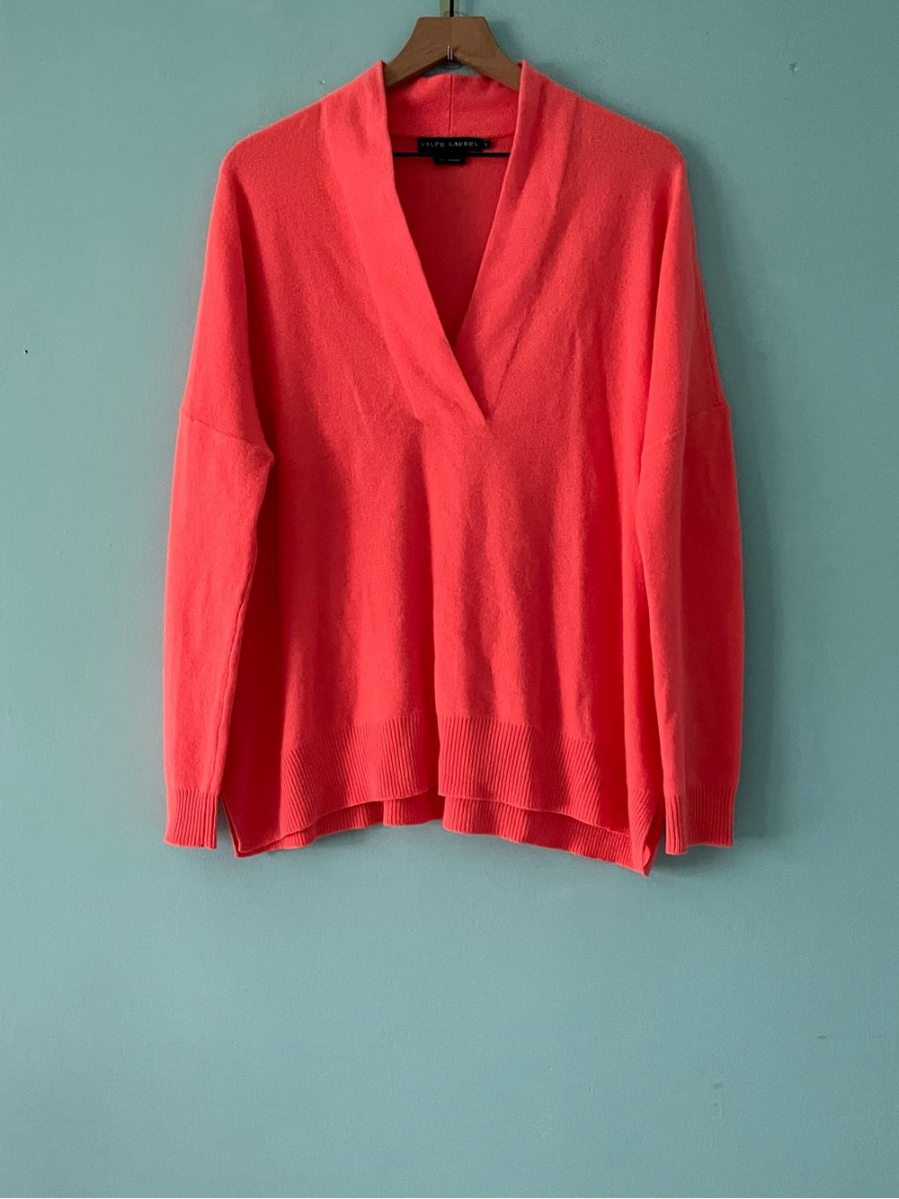 Ralph Lauren Cashmere Orange Oversized Pullover V Neck Sweater Italian Yarn L